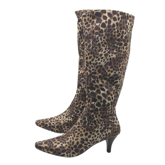 IMPO Stretch Namora Knee High Boots Cheetah Leopard Print Kitten Heel Zipper 10M - Picture 2 of 16